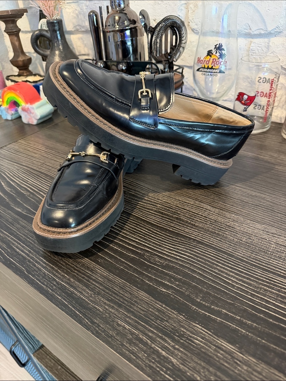 Sam Edelman Black Leather Bit Loafers with Brown Platform